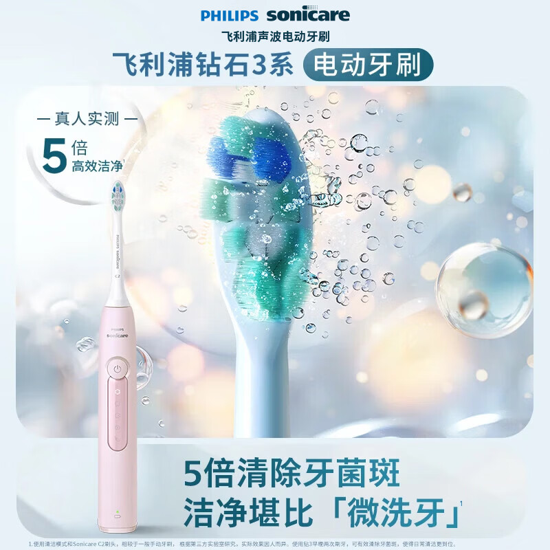 飞利浦（PHILIPS）声波电动牙刷钻石3系 5倍洁齿5种模式 洁净刷头*2  生日礼物情侣母亲节礼物  HX5171/04淡粉色
