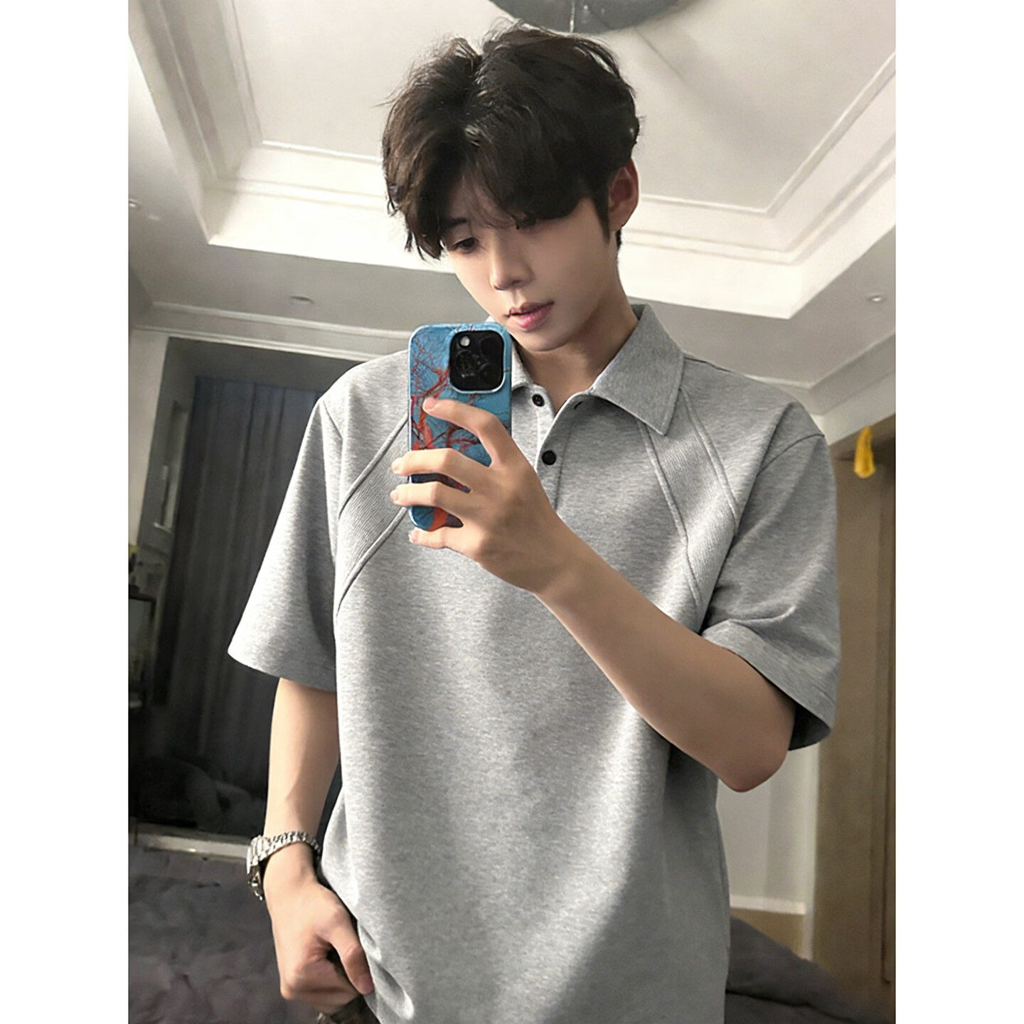 POUM白花灰美式翻领短袖Polo衫男款夏季boxy版型t恤感内搭半截袖 CLF-T212白灰色 XL POUM白花灰美式翻领短袖Polo衫男款夏季boxy版型t恤感内搭半截袖 CLF-T212白灰色 XL