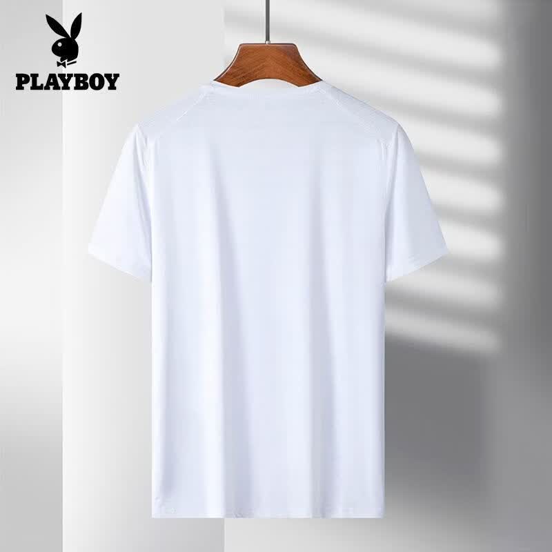 花花公子(PLAYBOY)冰丝男士短袖夏季新款速干t恤宽松健身上衣休闲透气衣服 白色+黑色 M 85-110斤