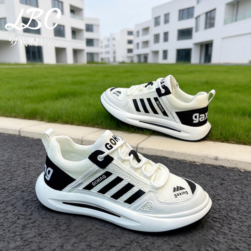 罗宾赐品牌轻奢2026新款网面透气休闲鞋男潮流百搭厚底增高运动阿甘鞋男 白黑【冰丝网面】-高端男鞋 40