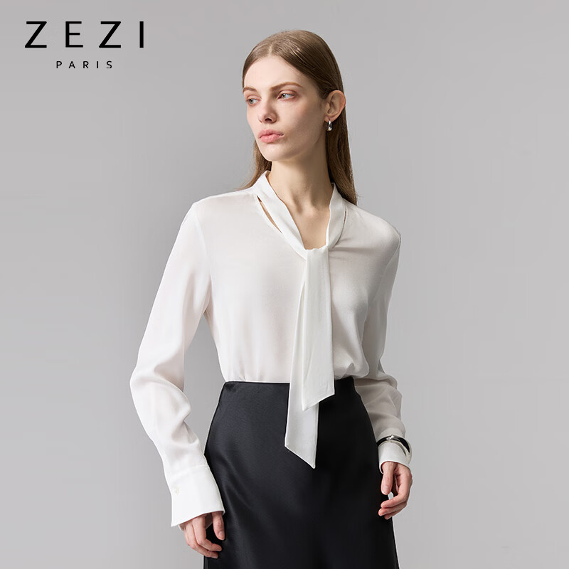 ZEZI法式醋酸V领衬衫暗门襟长袖女士飘带衬衣通勤职业上衣2026年新 冰川白 飘带衬衫 L （115-125斤）