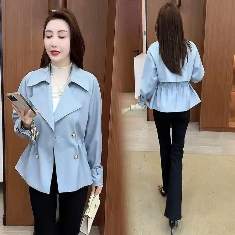 短款风衣外套女春秋2026今年流行新款小个子收腰显瘦时尚休闲上衣 雾霾蓝 XL 105-120斤