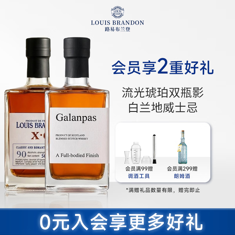 路易布兰登（LOUIS BRANDON）洋酒威士忌XO白兰地40度500ML2瓶烈酒调酒基酒套装方瓶口粮酒