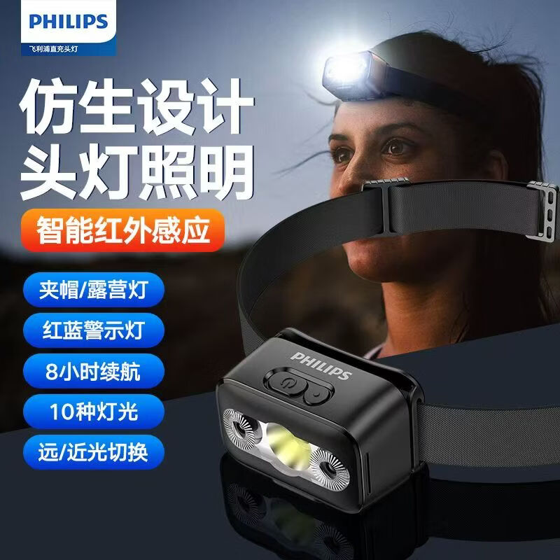 飞利浦(PHILIPS)感应头灯强光高亮夜钓灯头戴式帽夹工作远射矿灯SFL3153 5W/1000毫安/SFL3153