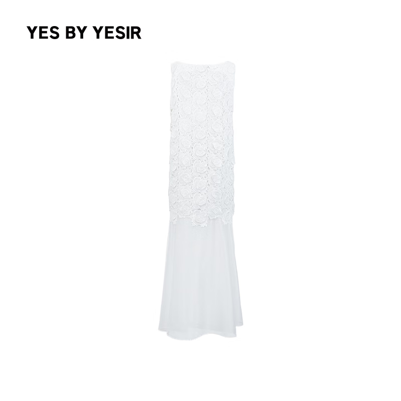 YES by YESIR 叶谦原创设计师2026年春夏新款立体玫瑰蕾丝拼接长裙 白色 L