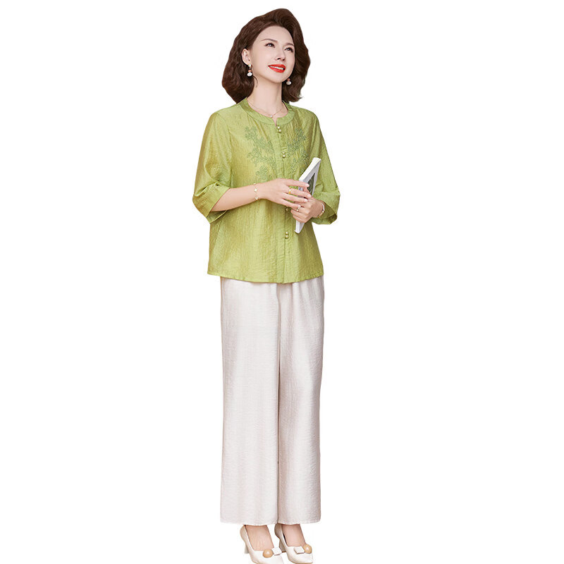 俞兆林（YUZHAOLIN）洋派妈妈夏2026新款女装套装时尚中老年人女装绣花上衣夏装两件套 桔红色+米色阔腿裤 3XL 建议120-130斤