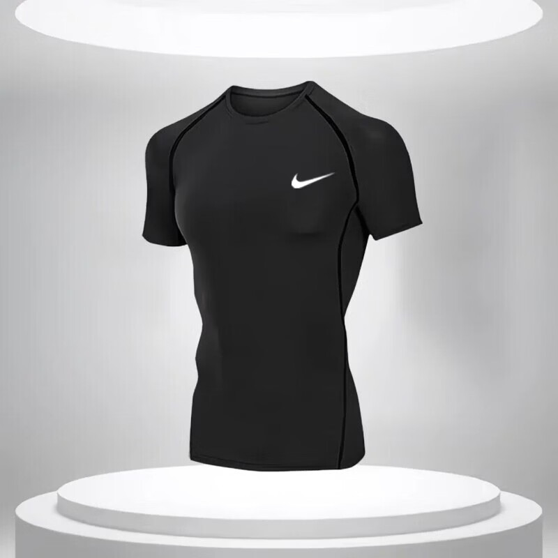 JUST DO IT-NIKE运动套装男跑步装备健身房衣服晨跑服篮球体育训练紧身夏季 耐克NK纯黑短袖 S 耐克S码（80-95斤）