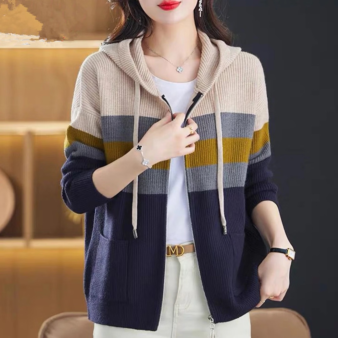 【商品品质】连帽条纹开衫外套女春秋卫衣2026新款休闲针织毛衣 藏青色 M 建议体重（90-120斤)