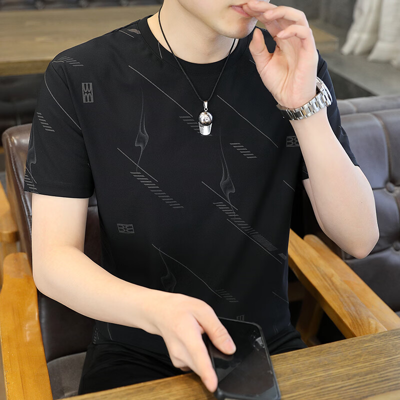 轩程夏季新款冰丝短袖t恤男士薄款速干透气潮流圆领印花青年休闲上衣 5909T白色 L 115-135斤