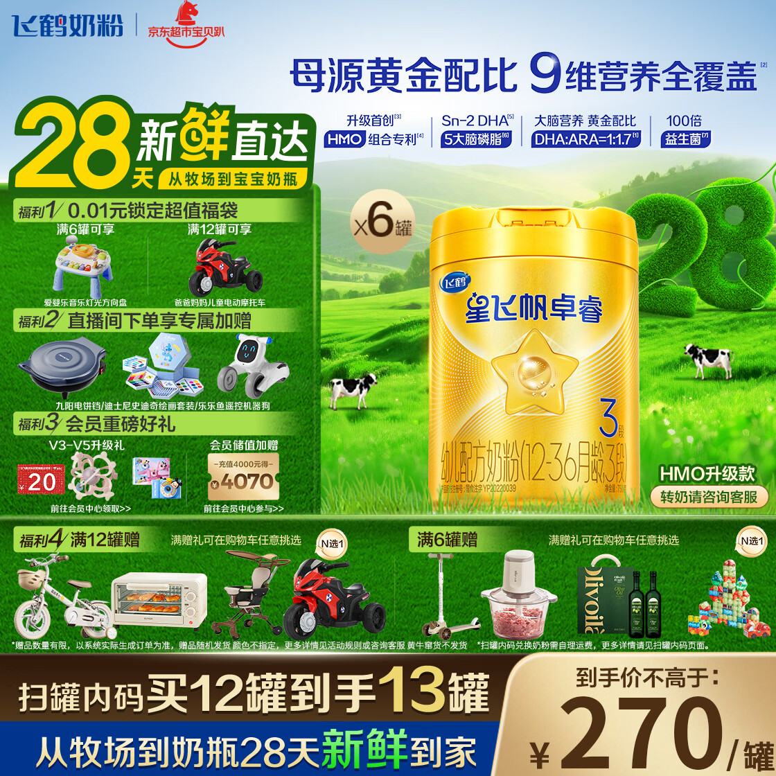 飞鹤星飞帆卓睿 3段幼儿配方奶粉(1-3岁)750g*6罐 HMO 28天新鲜直达