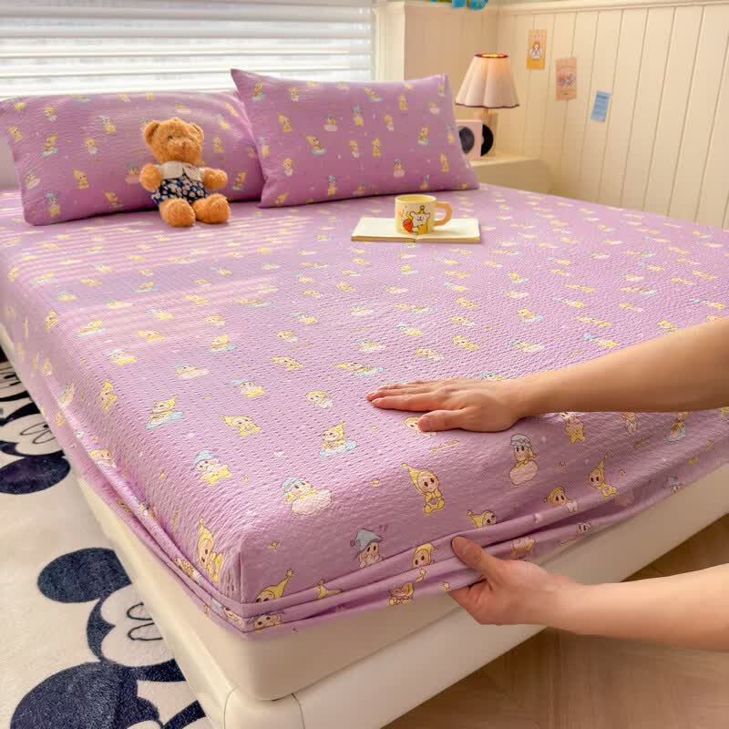 雅鹿A类双层纱床笠床罩单件席梦思床垫保护套罩宿舍全包床单四季通用 星星玩偶紫【A类面料 软糯松软】 150x200cm-单床笠
