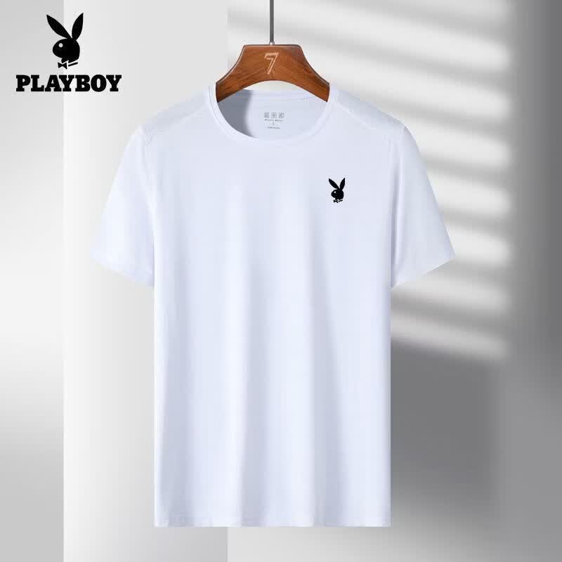 花花公子(PLAYBOY)冰丝男士短袖夏季新款速干t恤宽松健身上衣休闲透气衣服 白色+黑色 M 85-110斤