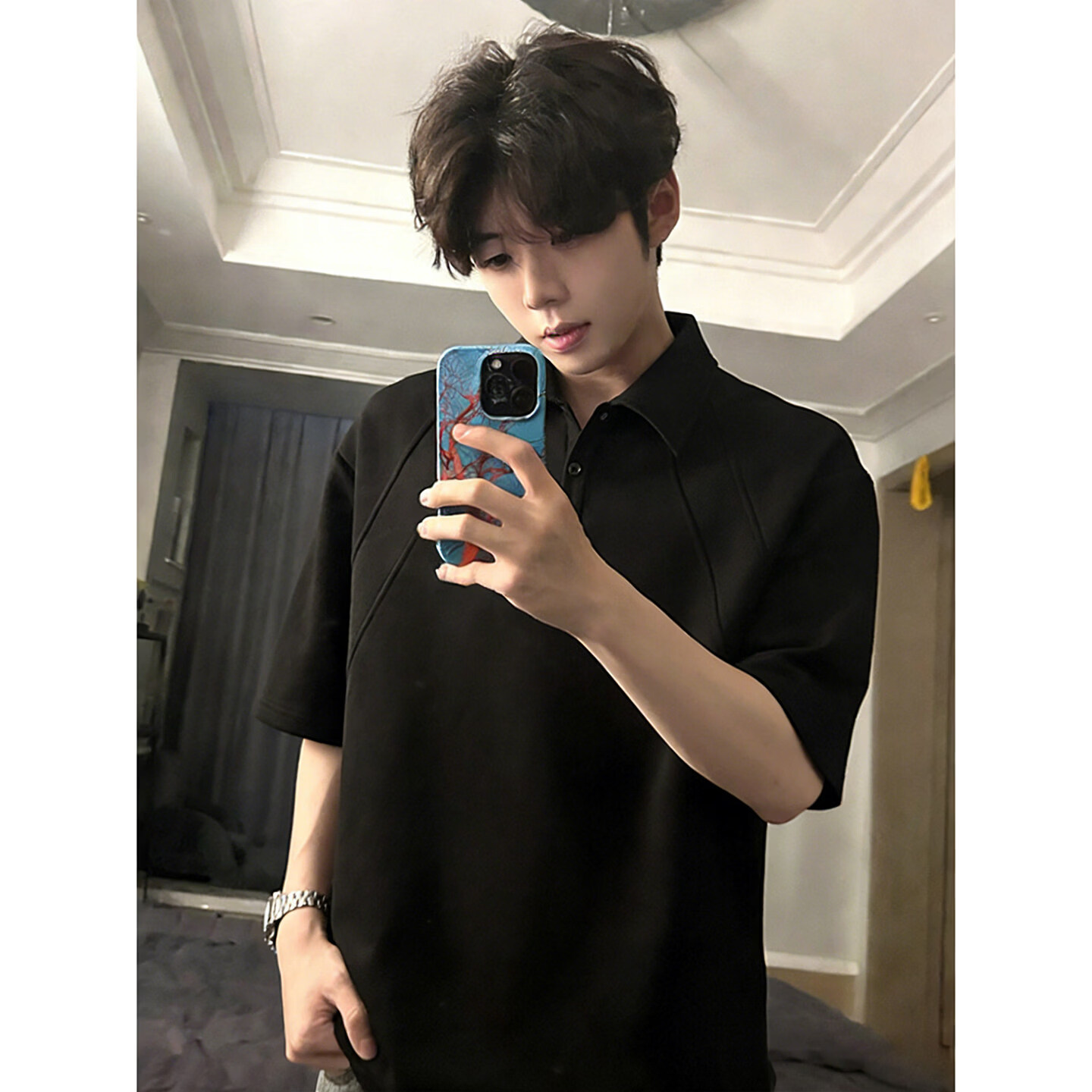 POUM白花灰美式翻领短袖Polo衫男款夏季boxy版型t恤感内搭半截袖 CLF-T212白灰色 XL POUM白花灰美式翻领短袖Polo衫男款夏季boxy版型t恤感内搭半截袖 CLF-T212白灰色 XL