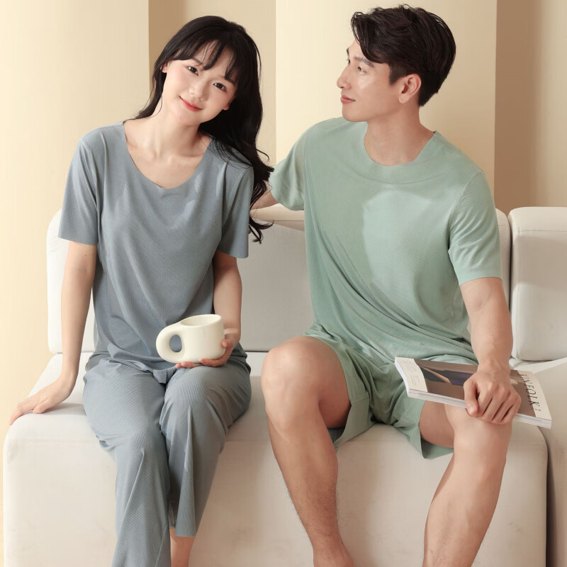 有只绵男士套装家居服女士短裤无痕冰丝打底夏季高弹休闲套装圆领 男士家居服-绿色 XL