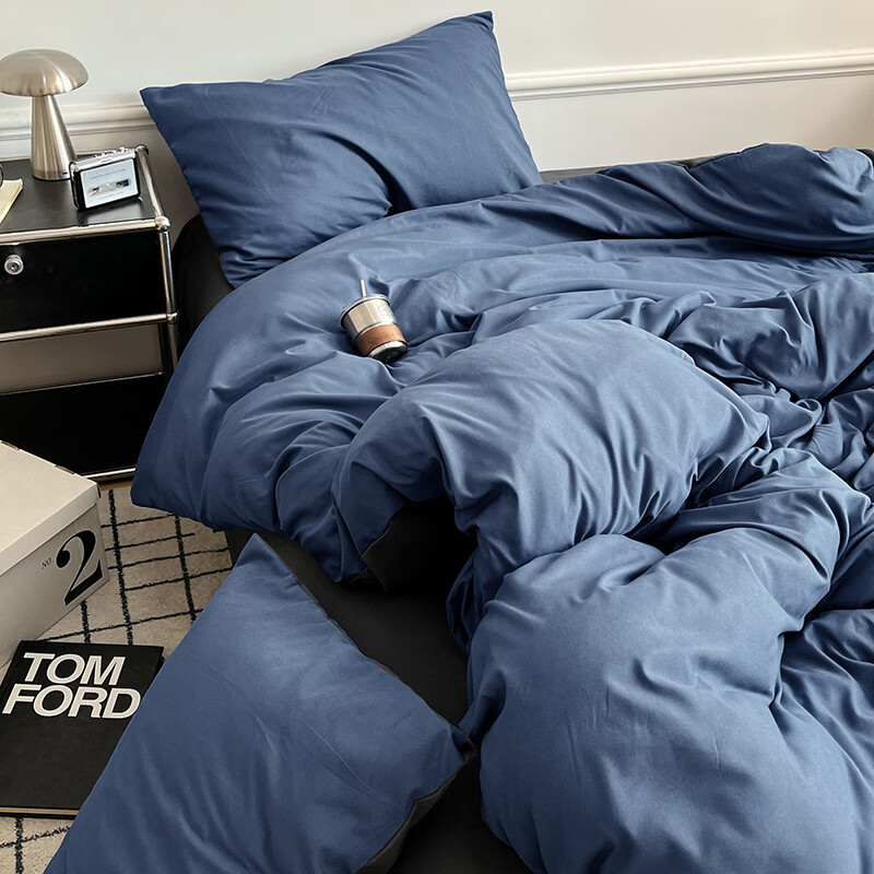雅鹿ins简约水洗棉被套床单被罩学生宿舍三件套150x200双人纯色四件套 深蓝灰【10A抗菌 可裸睡】 2.0床单四件套 床单款 （被套200*230cm）