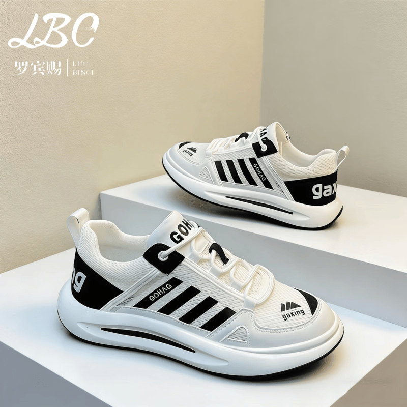 罗宾赐品牌轻奢2026新款网面透气休闲鞋男潮流百搭厚底增高运动阿甘鞋男 白黑【冰丝网面】-高端男鞋 40