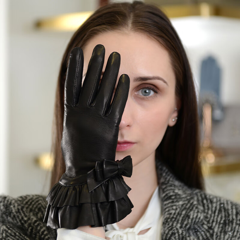 大蝴蝶结花边防风防寒骑行开车羊皮手套 黑色意大利小羊皮(丝滑里) m