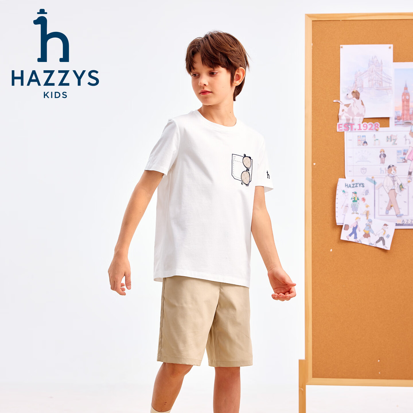 哈吉斯（HAZZYS）童装男童套装2026夏季新款大童学院风短袖圆领衫T恤宽松透气短裤 本白 145