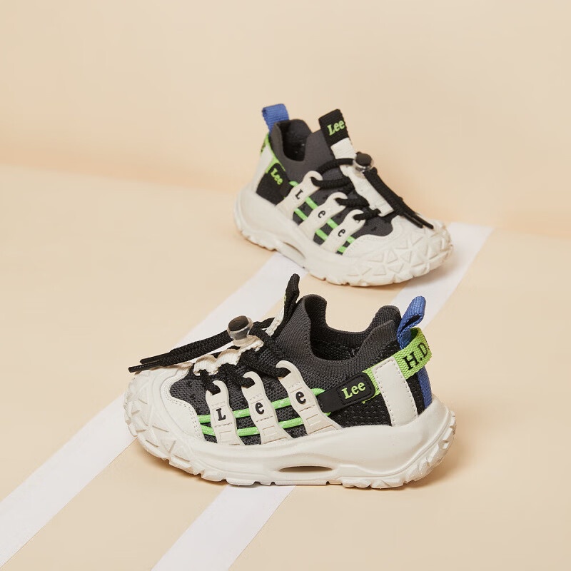 Lee儿童运动鞋透气网面软底防滑户外跑步鞋男女童鞋 黑灰 36 【建议脚长223-228mm】