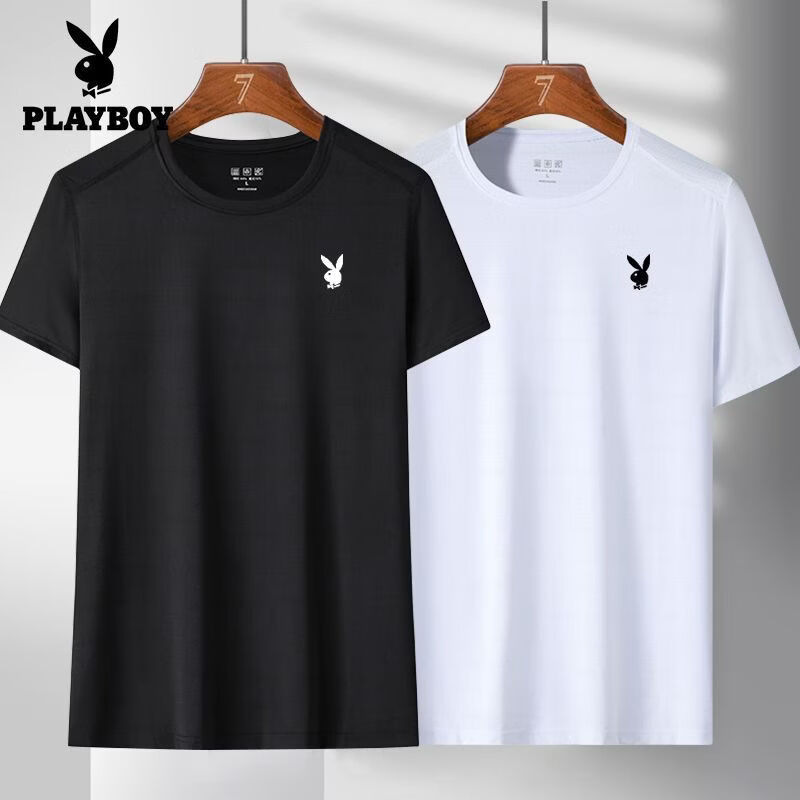 花花公子(PLAYBOY)冰丝男士短袖夏季新款速干t恤宽松健身上衣休闲透气衣服 白色+黑色 M 85-110斤