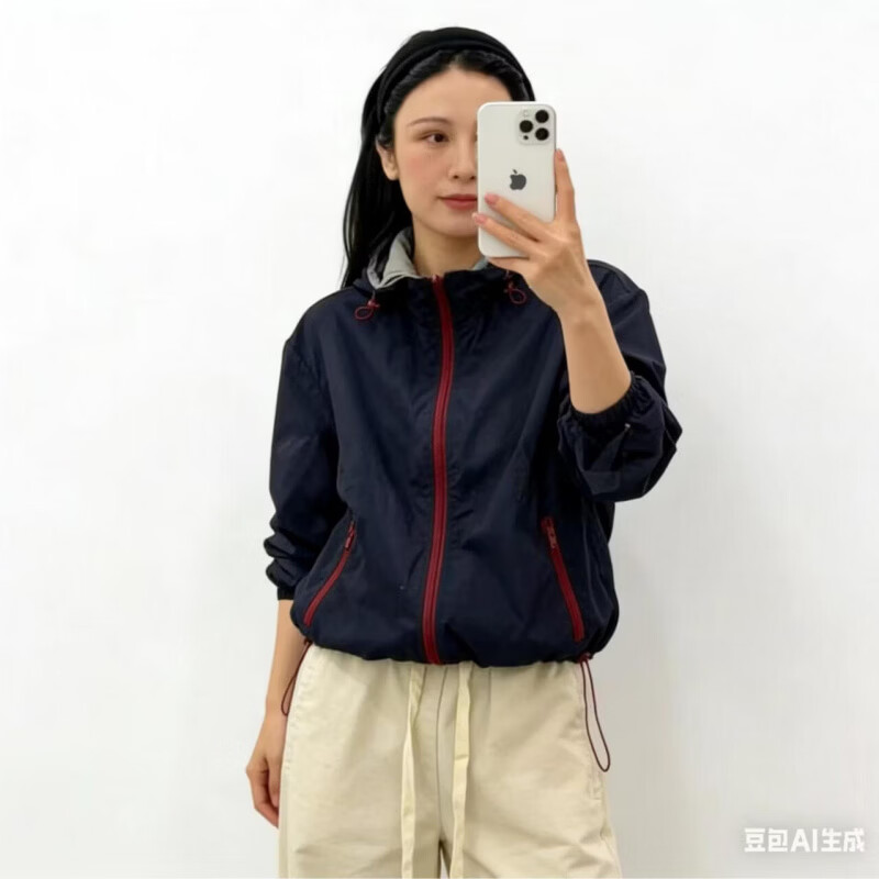 2026春夏新款休闲风连帽防晒外套女宽松百搭短外套两面穿拉链上衣 藏青色 L （115-140斤）