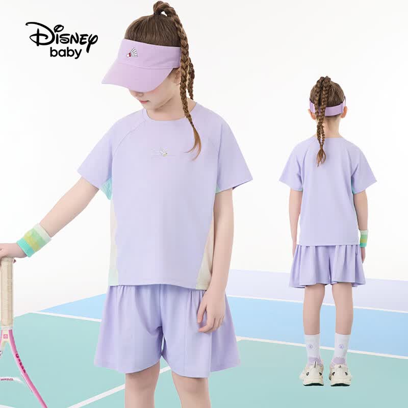 迪士尼(Disney)童装男女童运动套装夏季新款男女童短袖短裤两件套 渐变网球服 糖果紫 150 高145-155cm重70-85斤
