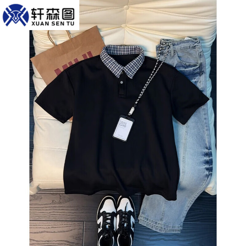 轩森图（XUANSENTU）美式假两件拼接格子POLO短袖男款夏季感痞帅潮牌重磅正肩t恤潮 黑色 2XL