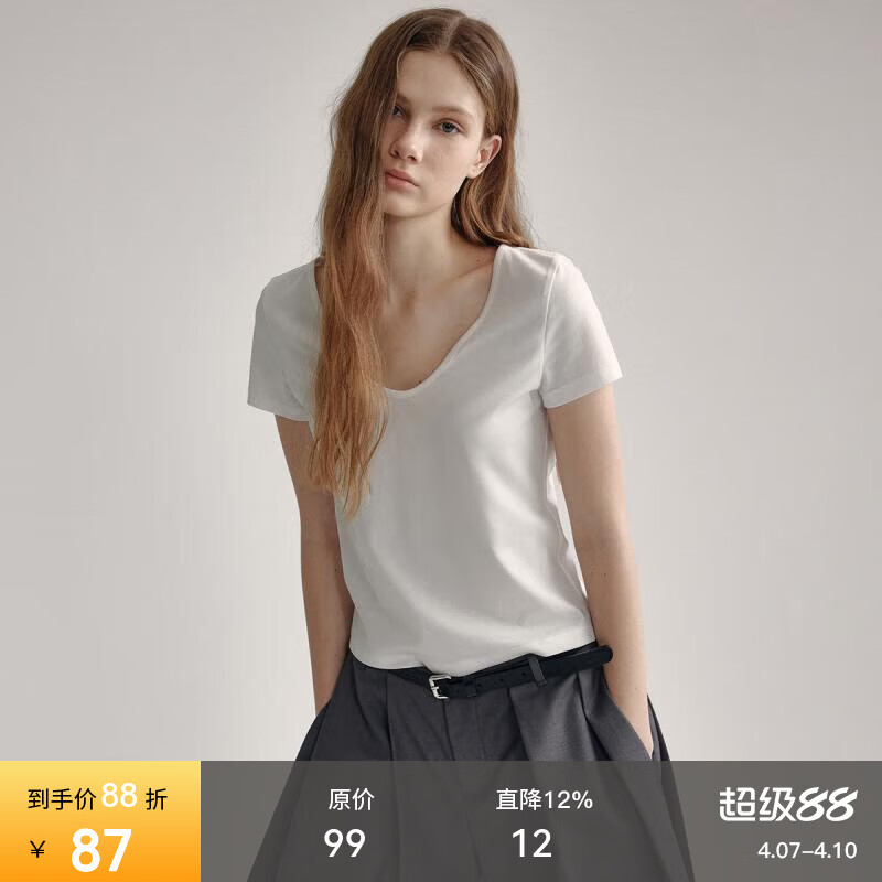 fano studios范洛【黑科技×抗皱莱赛尔棉】v领短袖T恤女2026夏装纯色体恤上衣 本白 L （第二批）