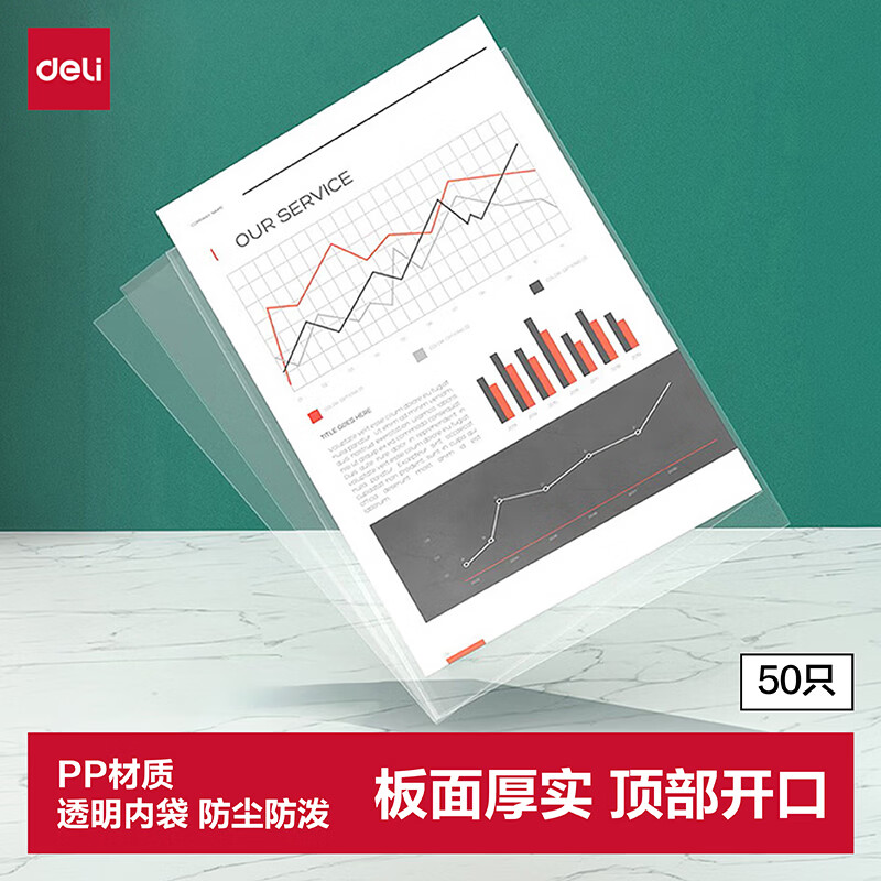 得力（deli）50个装透明文件套 A4竖式插页保护袋奖状收集财务票据资料收纳快递袋办公文件学习用品无孔64051