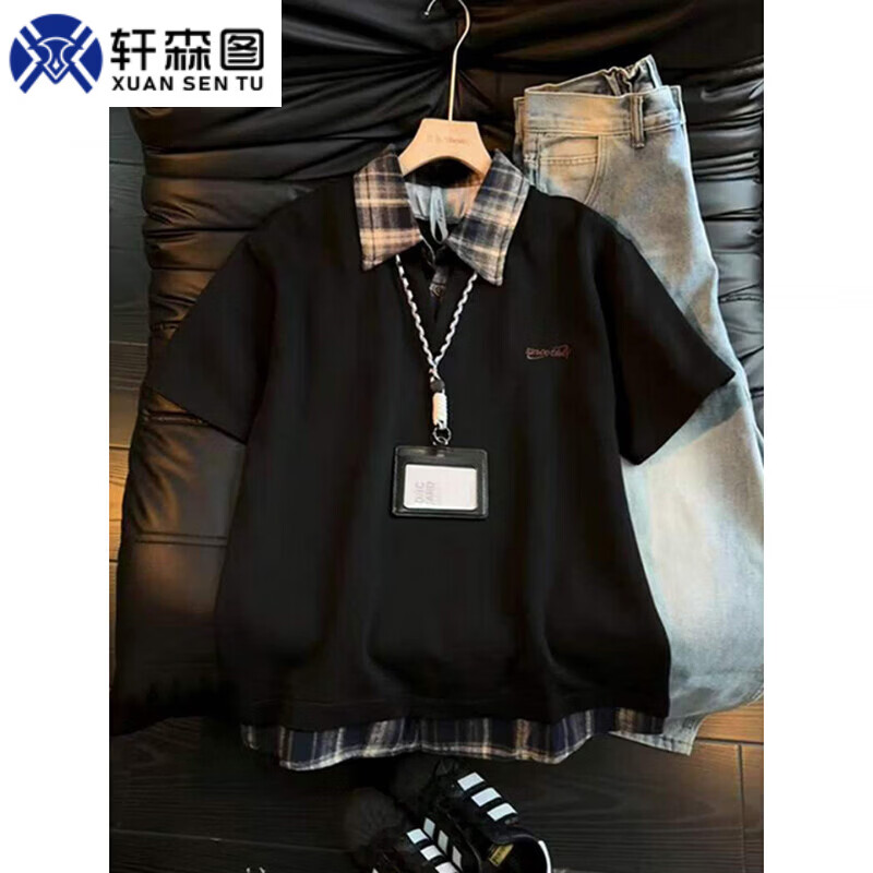 轩森图（XUANSENTU）假两件拼接衬衫领t恤男款夏季重磅美式复古短袖感半袖Polo衫潮 413-HT105黑色 XL (推荐130-145斤)