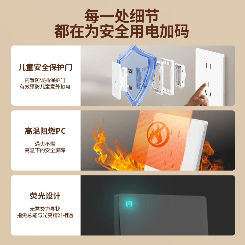 泰力全屋装修五孔插座一开五眼白色面板大功率家用工程插座排插保护板 门铃