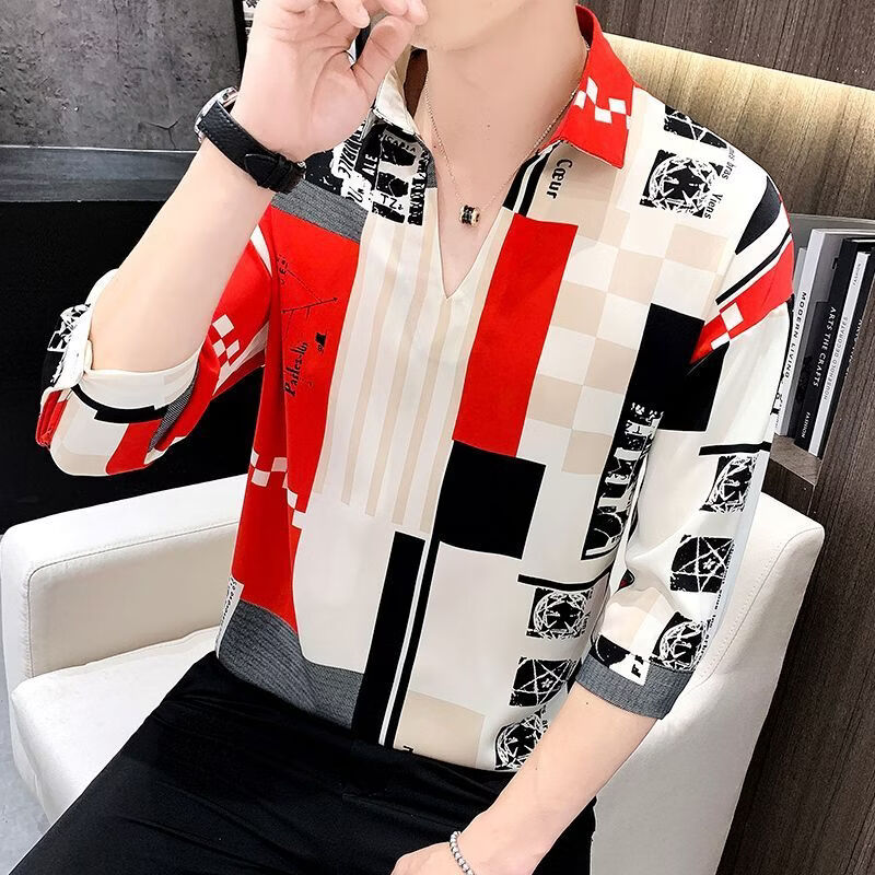 花花公子(PLAYBOY)衬衫v领七分袖t恤男士宽松高端短袖条纹polo衫夏季中袖青年上衣服 白色7101 M