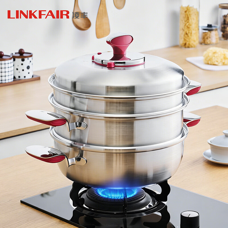 凌丰（LINKFAIR）锁味鲜微压蒸锅不锈钢汤锅蒸笼双层家用多功能煮锅电磁炉燃气通用 2层 28cm