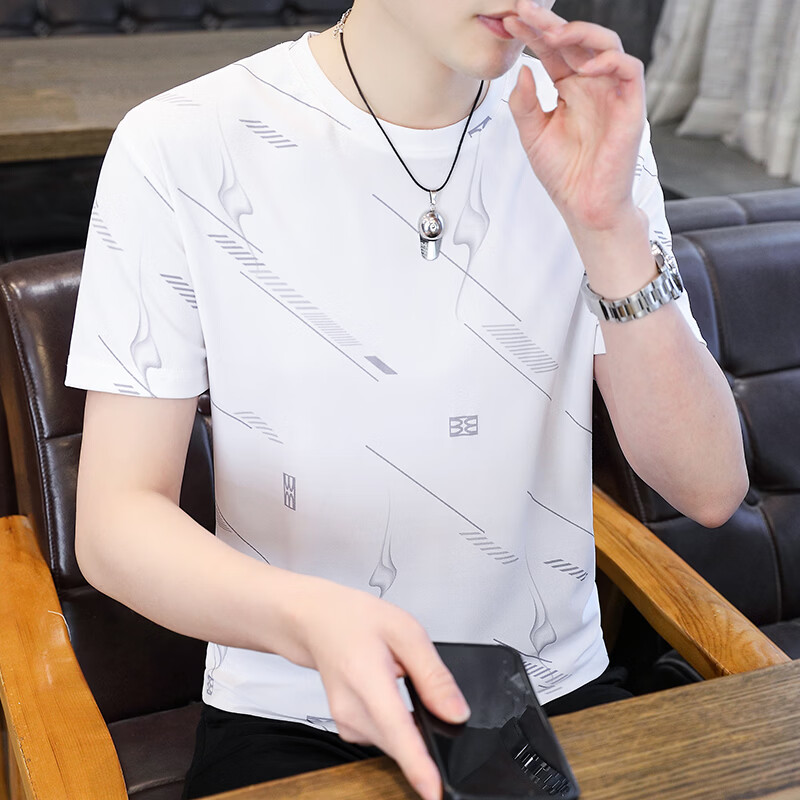 轩程夏季新款冰丝短袖t恤男士薄款速干透气潮流圆领印花青年休闲上衣 5909T白色 L 115-135斤