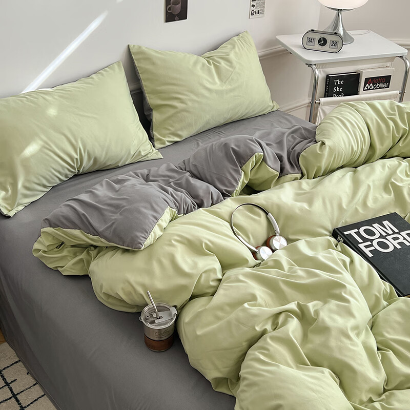雅鹿ins简约水洗棉被套床单被罩学生宿舍三件套150x200双人纯色四件套 绿浅灰【10A抗菌 可裸睡】 2.0床单四件套 床单款 (被套200*230cm)