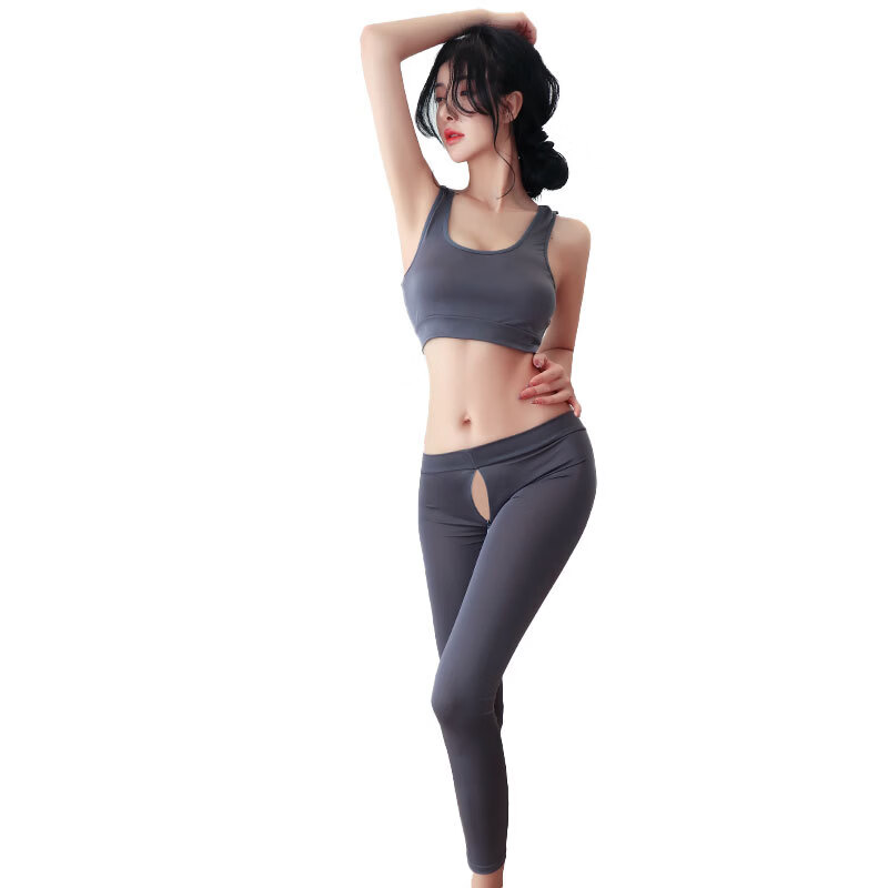 长夜漫漫情趣内衣可外穿约会方便裤女镂空瑜伽裤开档免脱性感战袍刺激约会 灰色 均码(80-125斤)