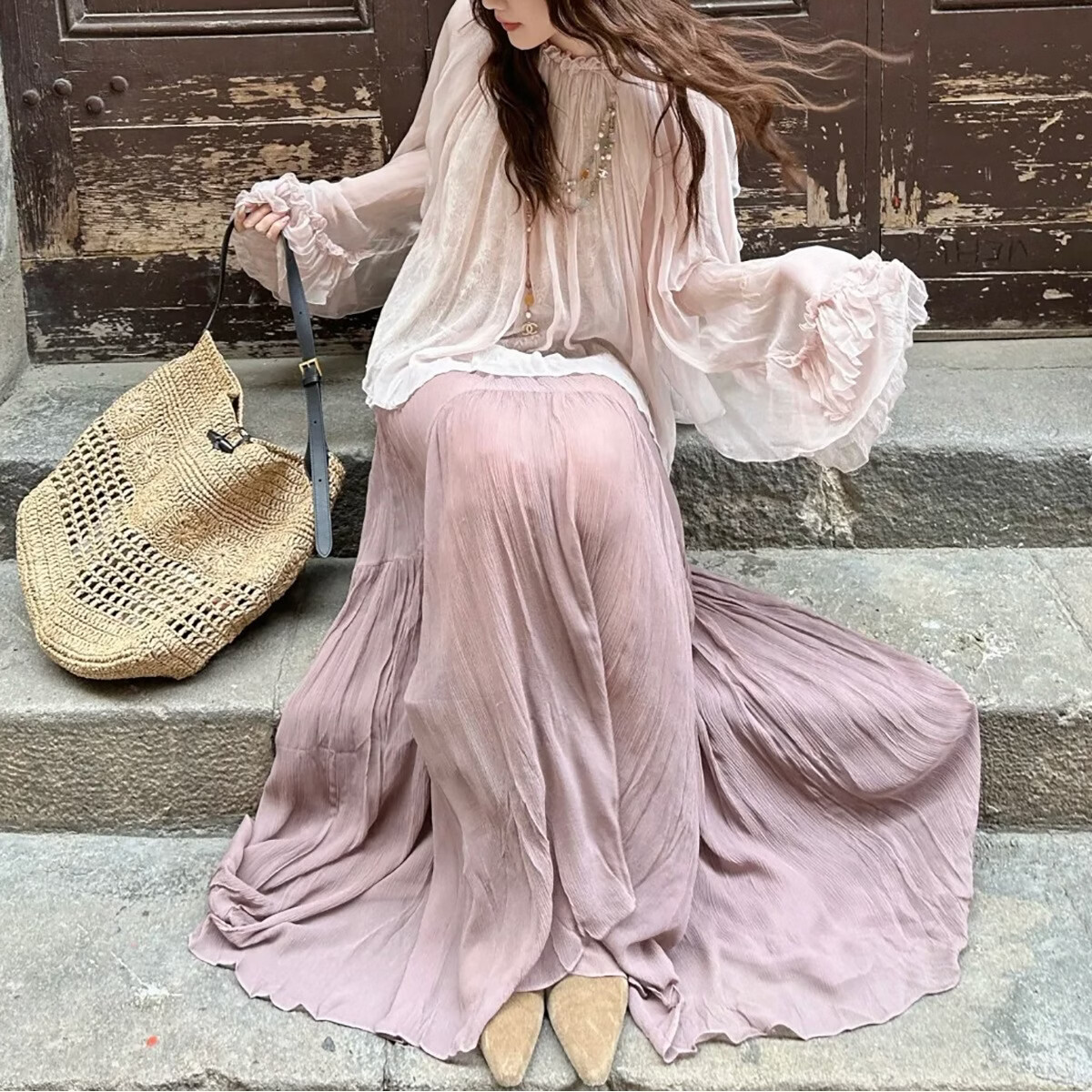 2026春 法式粉色蕾丝边女长袖人丝上衣 粉色上衣 L