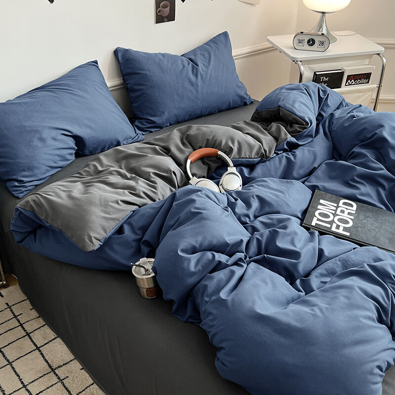 雅鹿ins简约水洗棉被套床单被罩学生宿舍三件套150x200双人纯色四件套 深蓝灰【10A抗菌 可裸睡】 2.0床单四件套 床单款 （被套200*230cm）