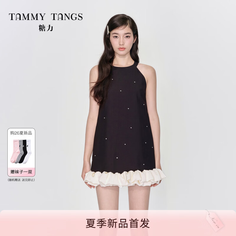 糖力商场同款 甜星小黑裙 2026夏新款钻饰花苞裙挂脖无袖连衣裙女宽松 黑色  手缝钻饰 挂脖A型 遮肉显瘦 S