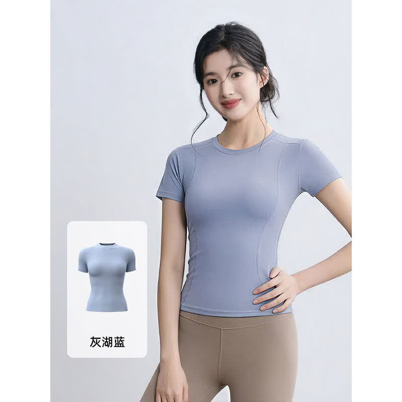运动t恤女2026新款高级感普拉提专业训练健身短袖上衣跑步瑜伽服 【弹力收腰显瘦】灰湖蓝上衣 S 适合85-95斤