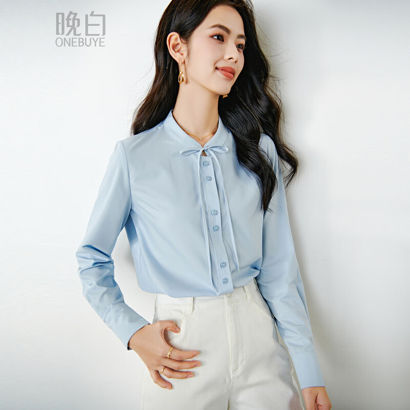 晚白2026年春款miu系气质可拆卸系带立领上衣挺括抗皱减龄通勤衬衫女 浅蓝色 L