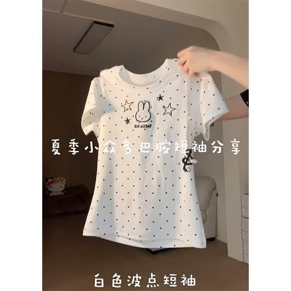梵米兴满印波点可爱小兔短袖T恤女夏季日系宅萌软妹短款修身显瘦上衣潮 黑色刺绣【高品质棉】 XL 建议115-130斤