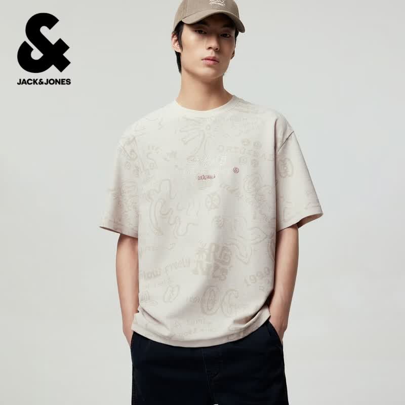 杰克·琼斯（JACK&amp;JONES）男装短袖T恤上衣衣身图案满印百搭时尚舒适罗纹圆领宽松226201151 C00米白色 M （175）