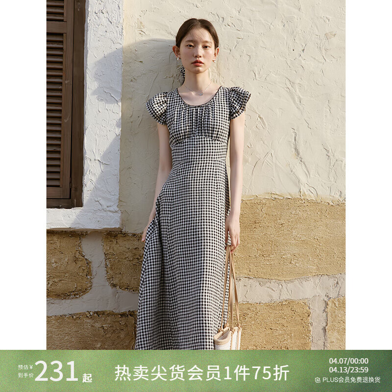 自巧小个子黑白格纹气质显瘦度假连衣裙女2026夏装新款收腰中长裙 黑白格 S (3码)