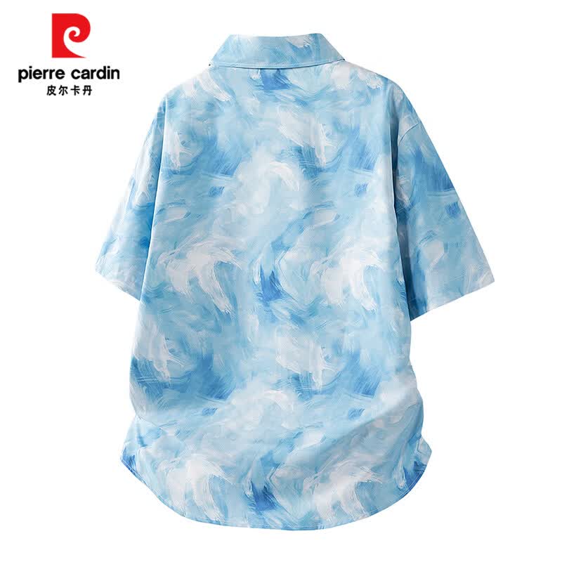 皮尔卡丹（pierre cardin）衬衫男夏威夷短袖T恤男夏装海边沙滩印花宽松休闲度假风短袖衬衣 丹青 XL