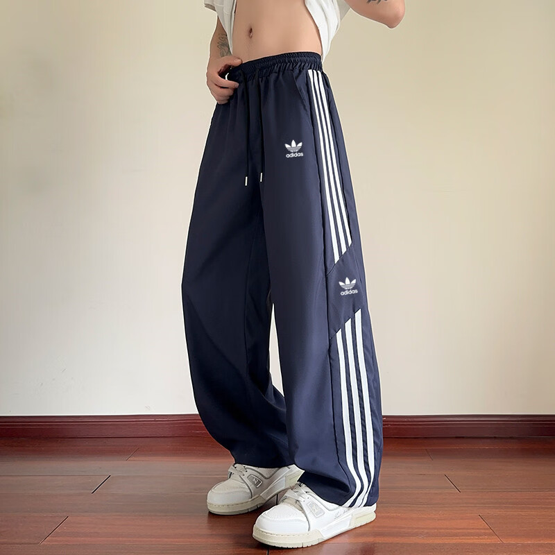 Y-3阿迪三叶草夏季薄款运动裤宽松速干冰丝休闲裤三条杠阔腿弯刀卫裤 深蓝色 948A L 建议体重110-130斤