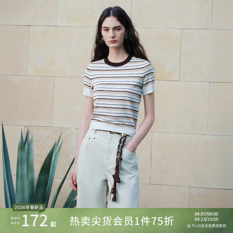 自巧小个子撞色条纹圆领针织衫&仿麂皮短款外套2026春新品套装女 黄白条毛衫 XXS （尺码：1）