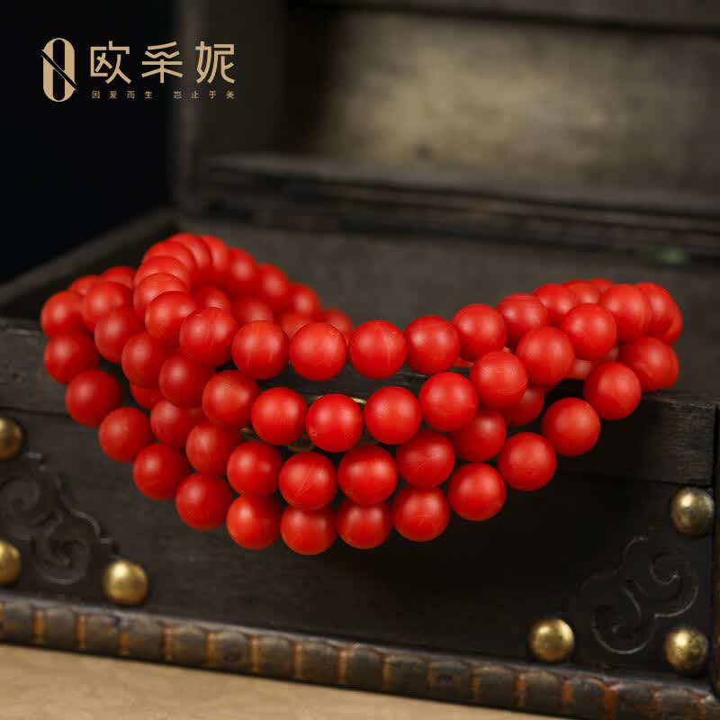 欧采妮(OUCERNY)保山南红手串奢藏级108颗玛瑙多圈手链佛珠柿子红满肉男女士款 9mm