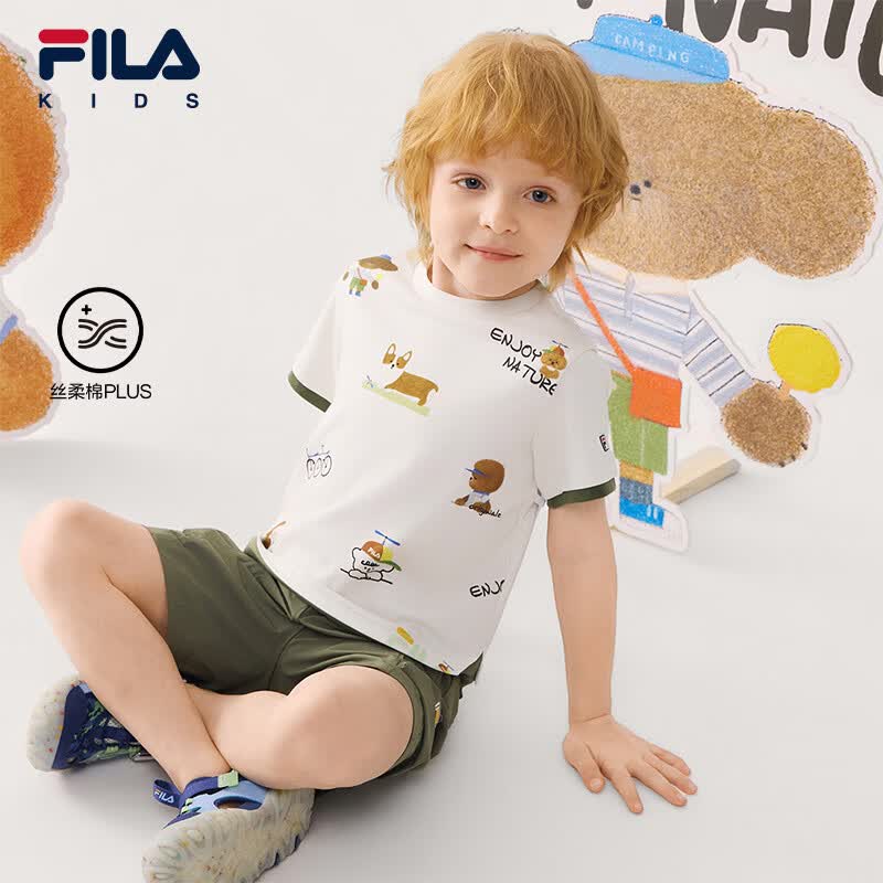 FILA【丝柔棉PLUS】斐乐儿童童装短袖T恤2026夏季新款男小童上衣 满印一-ZA 130