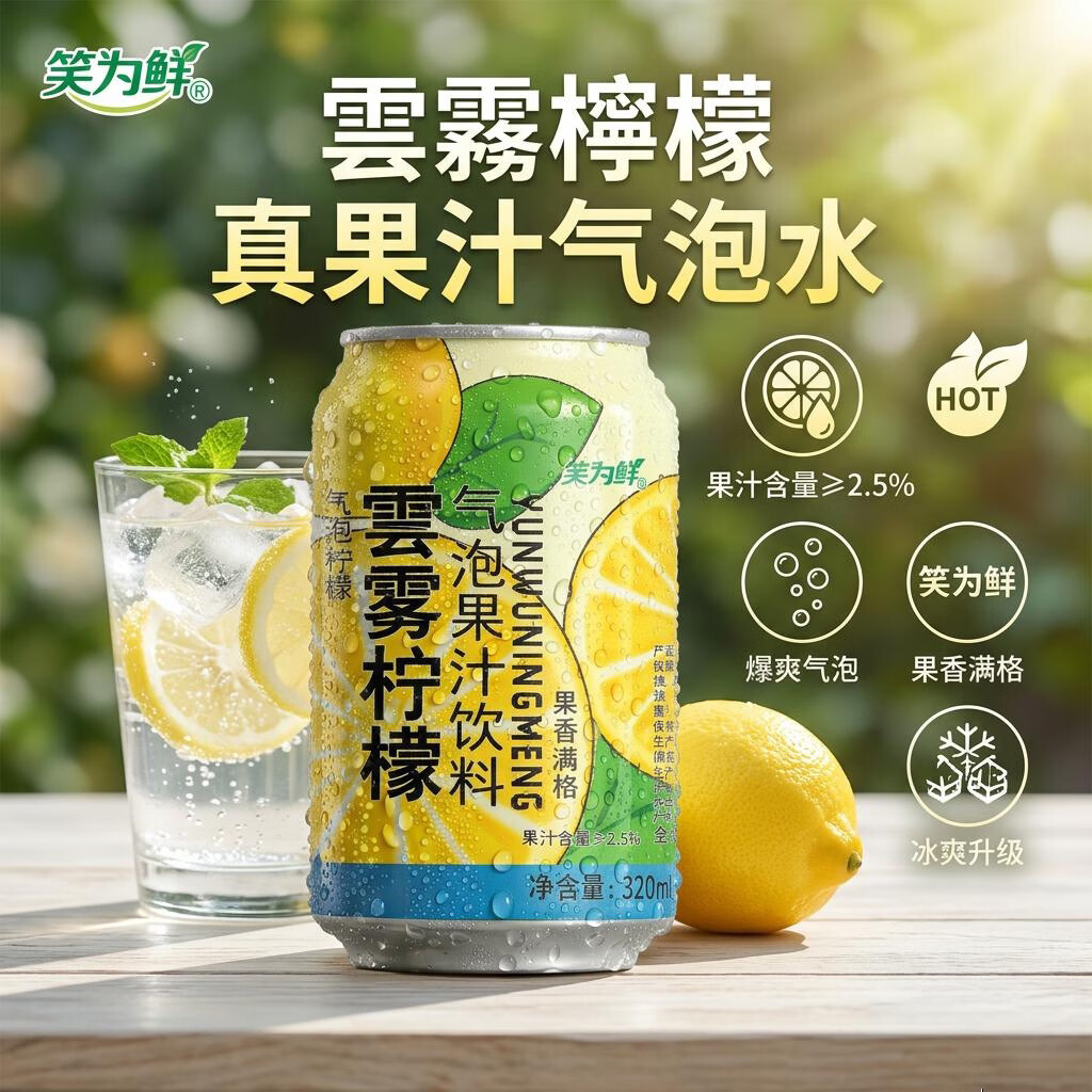 笑为鲜云雾柠檬气泡果汁320ml×6罐 4.88元 - 美泡泡